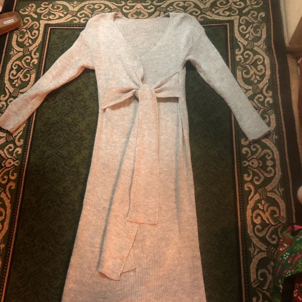 Gray Tie front long sleeve sweater dress